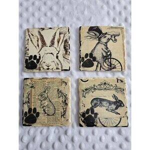 Vintage Easter Lot Bunny Rabbit Ceramic Stone Coasters Scalloped Edges Set Of 4